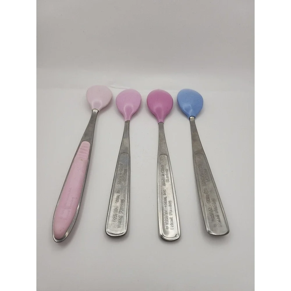 4 VTG Munchkin Baby Spoon Rubber 1996 90s Stainless Steel Pink Blue‎ Tip Infant